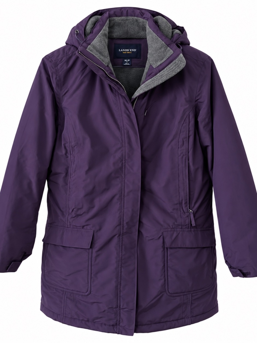 Lands' End Women's Hooded Purple Puffer Jacket with Gray Fleece Lining